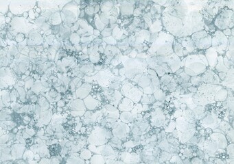 Liquid paints, watercolors, bubbles of different shapes. Abstract decorative dark blue background with water. Empty space for the text
