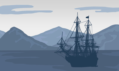 A raster silhouette of a ship, mountains, and the sky in blue and gray tones. Illustrations of the ship and mountains are suitable for backgrounds, postcards and banners. © YANA.BY illustration