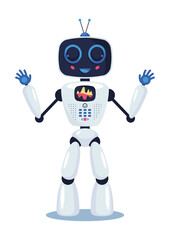 Friendly smiling robot stands with arms up and welcoms. Cibernetic machine, artificial intelligence, Hi-tech. Vector illustration, isilated, cartoon character, icon, simbol, mascot, toy, sticker