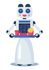 Robot waiter holding a tray with a fastfood. Smart machine, artificial intelligence, future service, innovative technology. Vector illustration, cartoon character, icon, simbol, mascot, sticker