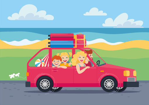 A family with son and dauther travels to the sea in a car. Summer family vacation, travel, trip, car driving. Vector illustration, cartoon, character design. Background, postcard, poster, icon, symbol