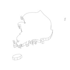 South Korea - 3D black thin outline silhouette map of country area. Simple flat vector illustration.
