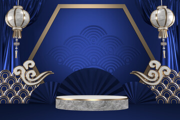 Dark blue geometric background, japanese style podium blue concept .3d rendering