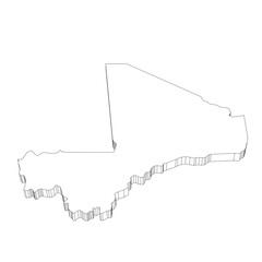 Mali - 3D black thin outline silhouette map of country area. Simple flat vector illustration.
