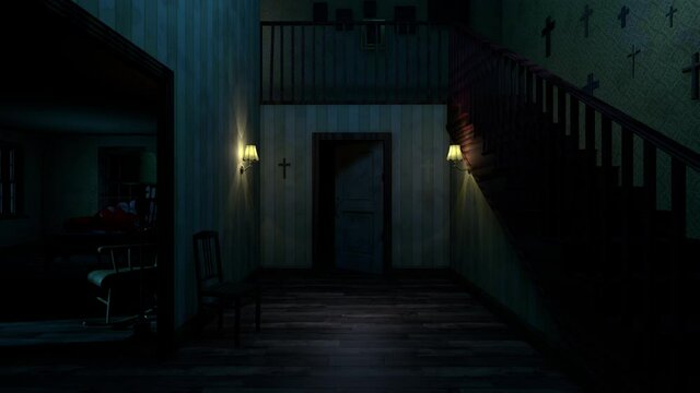 Scary house at night. Paranormal activity inside the house. 3d rendering.