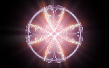 abstract illustration of a computer generated fantastic flower of various shapes and shades on a black background for use in symbology, signs for digital design and graphics