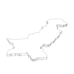 Pakistan - 3D black thin outline silhouette map of country area. Simple flat vector illustration.