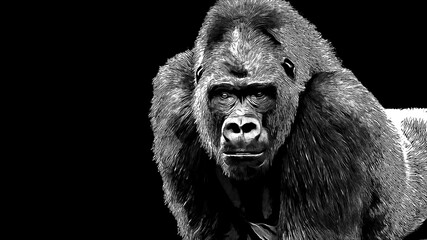 Black and white portrait of a gorilla done with digital pen and ink wash isolated on a black background © Patrick Rolands