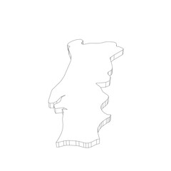 Portugal - 3D black thin outline silhouette map of country area. Simple flat vector illustration.