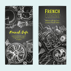 French food design template. Vertical flyers set. Vector illustration with poached eggs, bakery, cheese, ratatouille. French Cuisine restaurant menu. Hand drawn sketch vector banners.