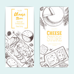 Cheese top view, vertical banners collection. Food menu design with colorful cheese. Vintage hand drawn sketch vector illustration. Vintage flyers set.