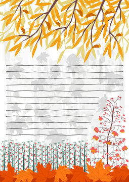 Vector illustration of nature, forest, park, garden in autumn. Here branches Willow, lily of valley berries, fallen leaves, Thalictrum delavayi. There are hand drawn lines. Format notepad sheet, A6.