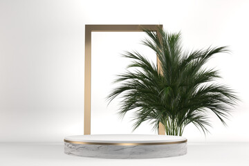 The Tropical granite Podium geometric and plants decoration on white background .3D rendering