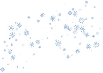 Blue delicate openwork snowflakes scatter on a white background. Festive background, postcard design, wallpaper