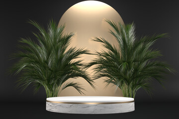 The Tropical granite Podium geometric and plants decoration on black background .3D rendering