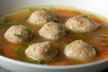 Kneidalach, Hot Homemade Matzo Ball Soup in a Bowl Jewish Passover