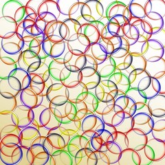 An abstract illustration featuring overlapping rainbow-colored circles on a gradient yellow-white background
