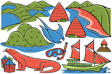 Naklejka premium Labuan Bajo Doodle Vector 