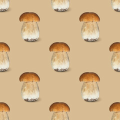 Mushrooms seamless pattern on a beige background. Vegetable pattern. Autumn abstract background.