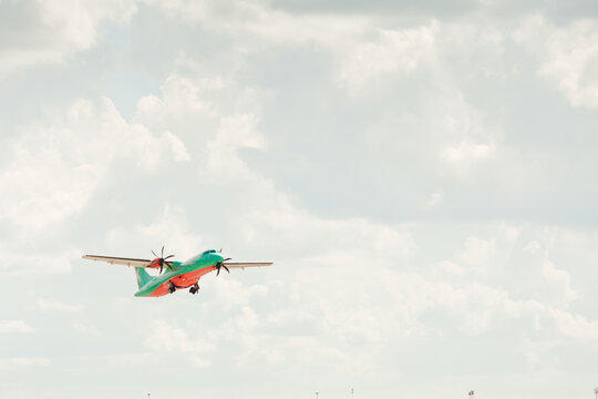 Turboprop ATR company Windrose takes off. Day, sunny. 