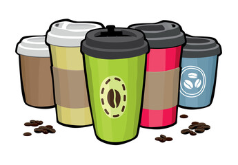 Coffee cups collage. Cups with lid. Coffee to go coposition.