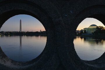 Jefferson Memorial during sunset as seen from the bridge post hole - Washington D.C. United States of America