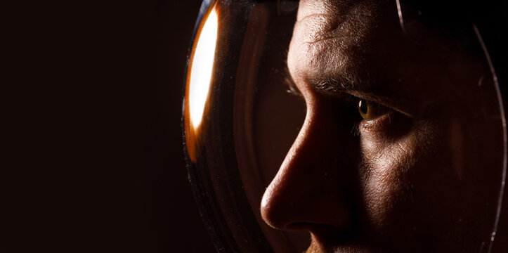 Portrait of futuristic astronaut.  conception. Augmented reality game, future technology, astronomy, AI concept.