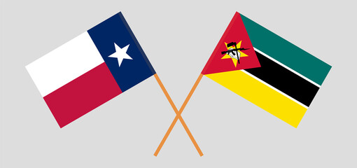 Crossed flags of the State of Texas and Mozambique. Official colors. Correct proportion