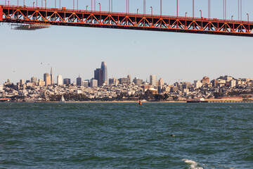 San Francisco City Skyline From Under the Golden Gate Bridge on a Clear Fall Day - obrazy, fototapety, plakaty