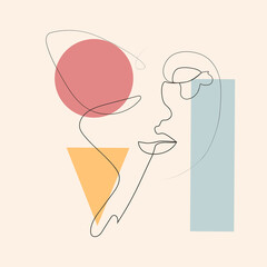 Poster with minimal woman face. One line drawing style. Creative author's illustration.