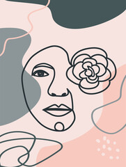 Woman face with flowers one line drawing. Half of the face is a flower. Continuous line drawing art. Nature cosmetics.