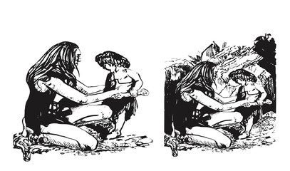 A woman dresses a child. Primitive people, cavemen, Cro-Magnons. Hand drawing sketch.
