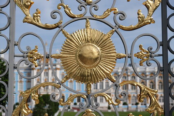 gilded fence in front of the Catherine Palace, Tsarskoe Selo, the city of Pushkin