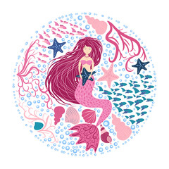 Cartoon beautiful mermaid with developing hair in a circle of seashells, algae, bubbles. Siren. Marine theme