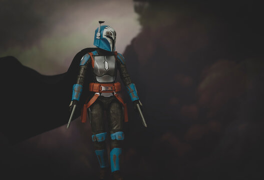 NEW YORK USA, NEW YORK USA, JULY 20 2021: Disney Plus Star Wars The Mandalorian Bo Katan Kryze and armor - Hasbro action figure