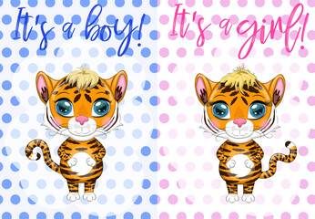 Baby Shower greeting card with Cute boy and girl. Cartoon tiger with expressive eyes. Wild animals, character, childish style