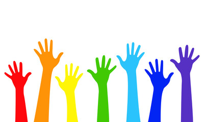 Colorful Diverse Hands Raised Up Isolated on White Background. Vector Illustration