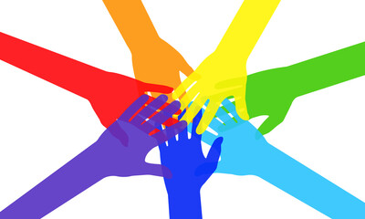 Colorful Diverse Hands Putting Together, Isolated on White Background. Vector Illustration