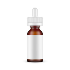 Frosted Amber Dropper Bottle Mockup with Blank Label, Isolated on White Background. Vector Illustration