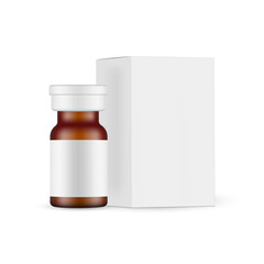 Small Amber Glass Medical Ampoule Mockup with Paper Packaging Box. Vector Illustration