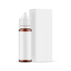Amber Dropper Unicorn Bottle with Paper Box Side View, Isolated on White Background. E-liquid vial Mockup. Vector Illustration
