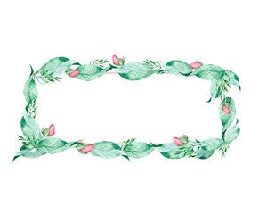 Rectangular frame with delicate pink roses and green leaves on a white background. Botanical watercolor drawing for the decoration of postcards, invitations, banners and greetings.
