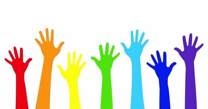 Animated Colorful Diverse Hands Raised Up Isolated on White Background