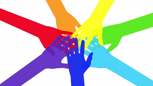 Animated Colorful Diverse Hands Putting Together, Isolated on White Background