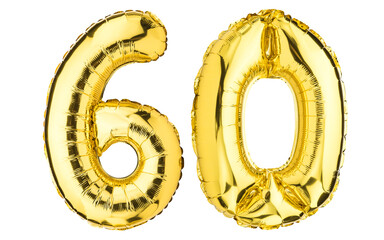 Number Sixty 60 balloons. Helium balloon. 60 years. Golden Yellow foil color. Birthday Party,...