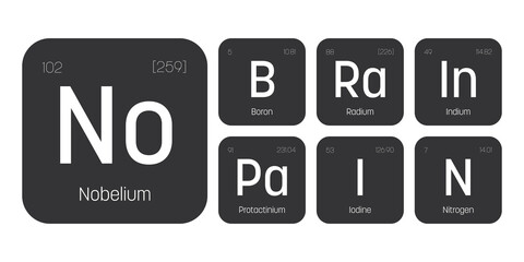 No Brain No Pain quote of chemical element signs. Funny vector inscription