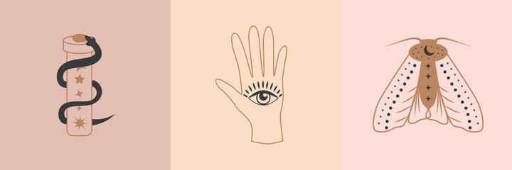 Mystic boho logo, design elements with hands, star, eye, magic symbols