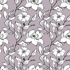 A hand-drawn seamless pattern of flowers and leaves on a colored background. Retro patterns for fabric, wallpaper, wrapping paper, textiles, business cards, holiday decoration
