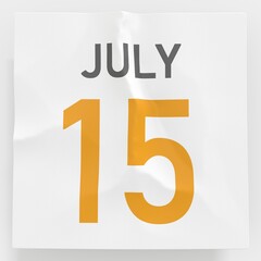 July 15 date on crumpled paper page of a calendar, 3d rendering