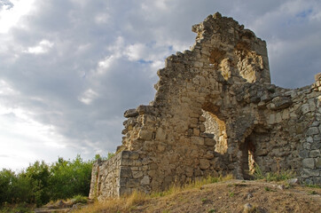 Mountain landscape with landmarks. Broken stone wall textures